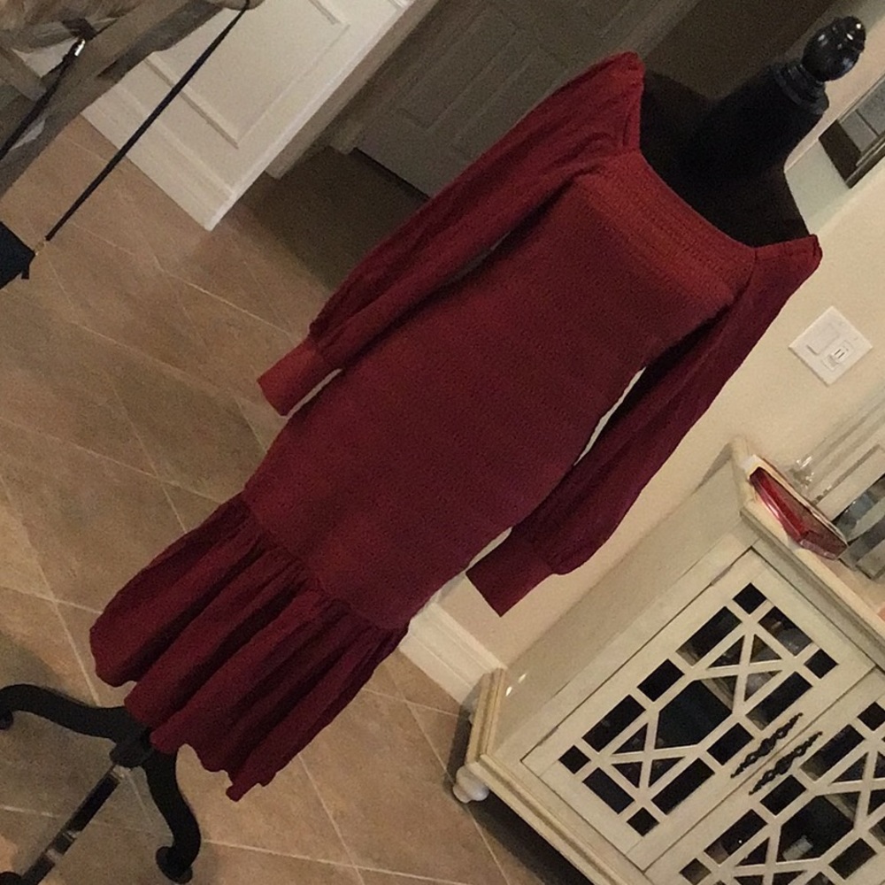 Anthro puff sleeve square neck smocked midi dress, wine color, size M, N…